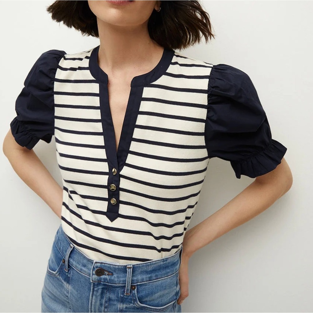 Veronica Beard Raegan Top Womens L Navy Cream Stripe Puff Sleeve Cotton Blouse